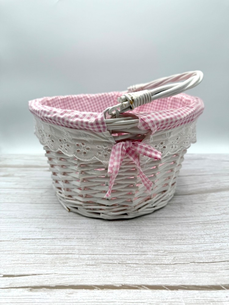 White Round Willow Woven Basket Pink Gingham Liner w/ Folding Drop-Down Handle