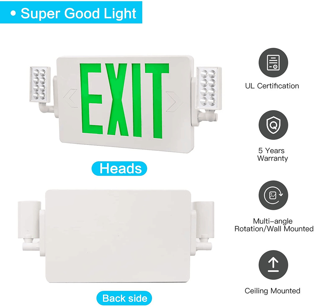 UL Listed 2 Packs Led Green Exit Sign Combo with Battery Backup Exit Lighting.