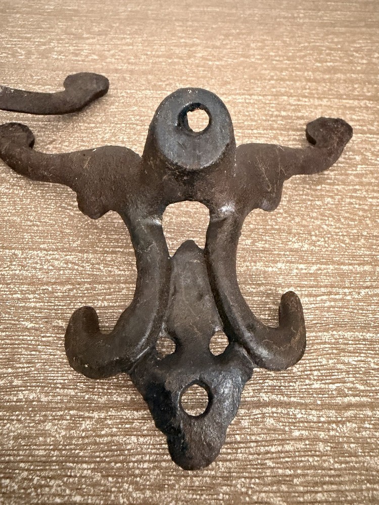 Pair Antique Victorian Cast Iron Double-Arm Wall Hooks Hall Tree Hardware Rusty
