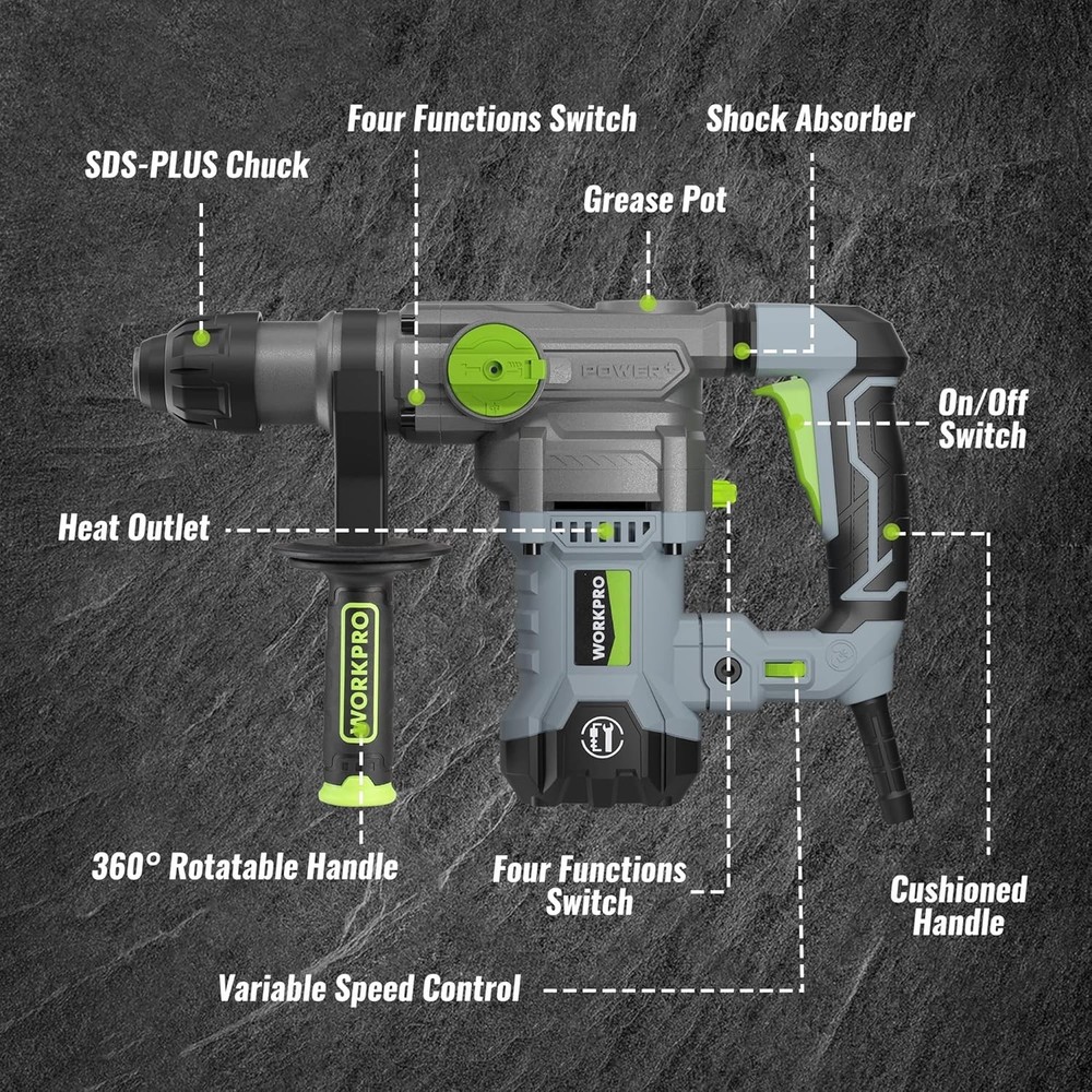 Ergonomic 12.5AMP SDS-Plus Rotary Hammer Drill for Efficient Concrete Chipping