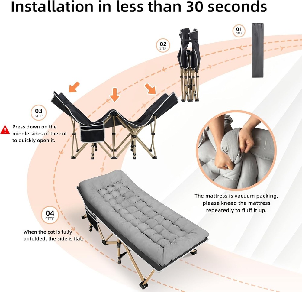 Portable camping bed, maximum weight capacity 600 lbs, (grey)