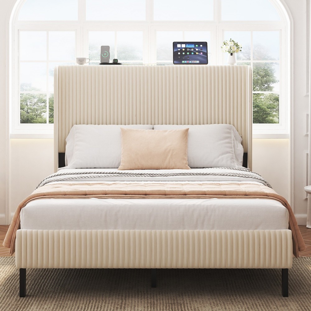 Full/Queen/King Size Bed Frame Metal Platform Bed w/ Headboard & LED Lights
