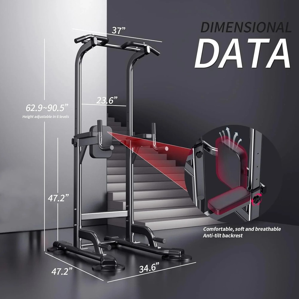 Power Tower Pull Up Dip Station Adjustable Height Home Gym Strength Training