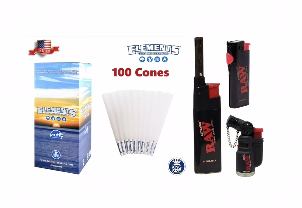 ELEMENTS Organic Rice KING Size Cone + Raw Torch Phoenix Extendo Lighter