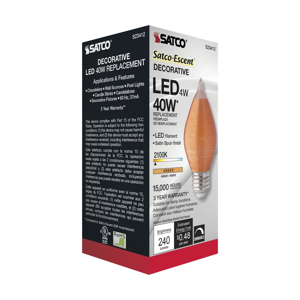 Satco S23412 4W LED Candle Light Thread Amber Satin Spun Chandelier C15 E26 Base