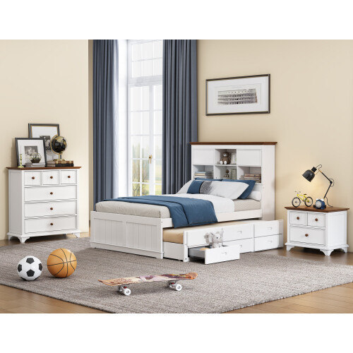 Solid Wood Bedroom Sets Captain Bed with Trundle & 3 Drawers Bookcase Headboard