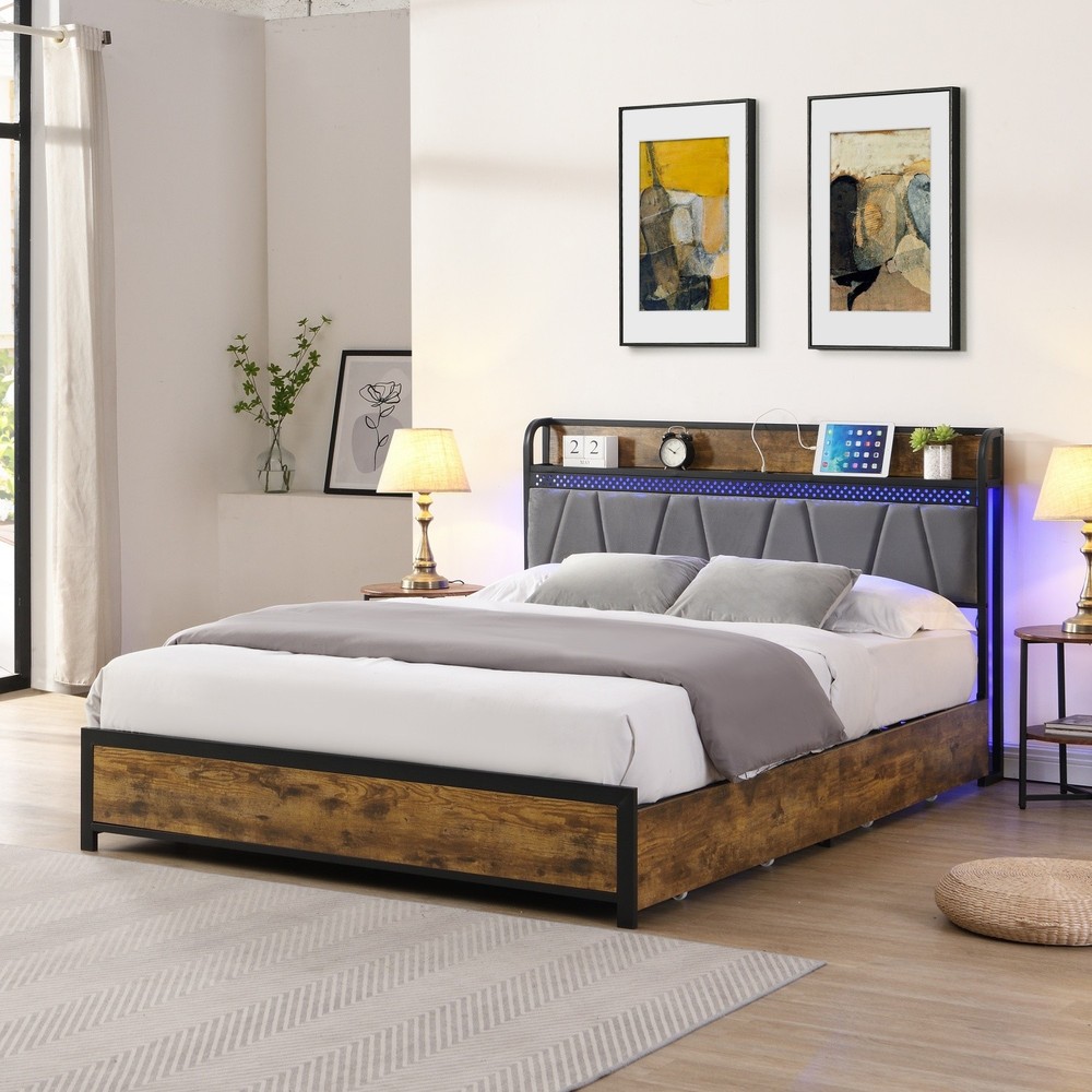 Full/Queen Size Platform Bed Frame w/ 4 Drawer & Storage Headboard & LED Lights