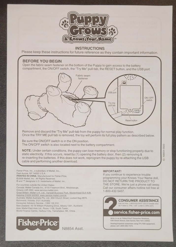 Instructions ONLY - Puppy Grows & Knows Your Name - Mattel - 2008