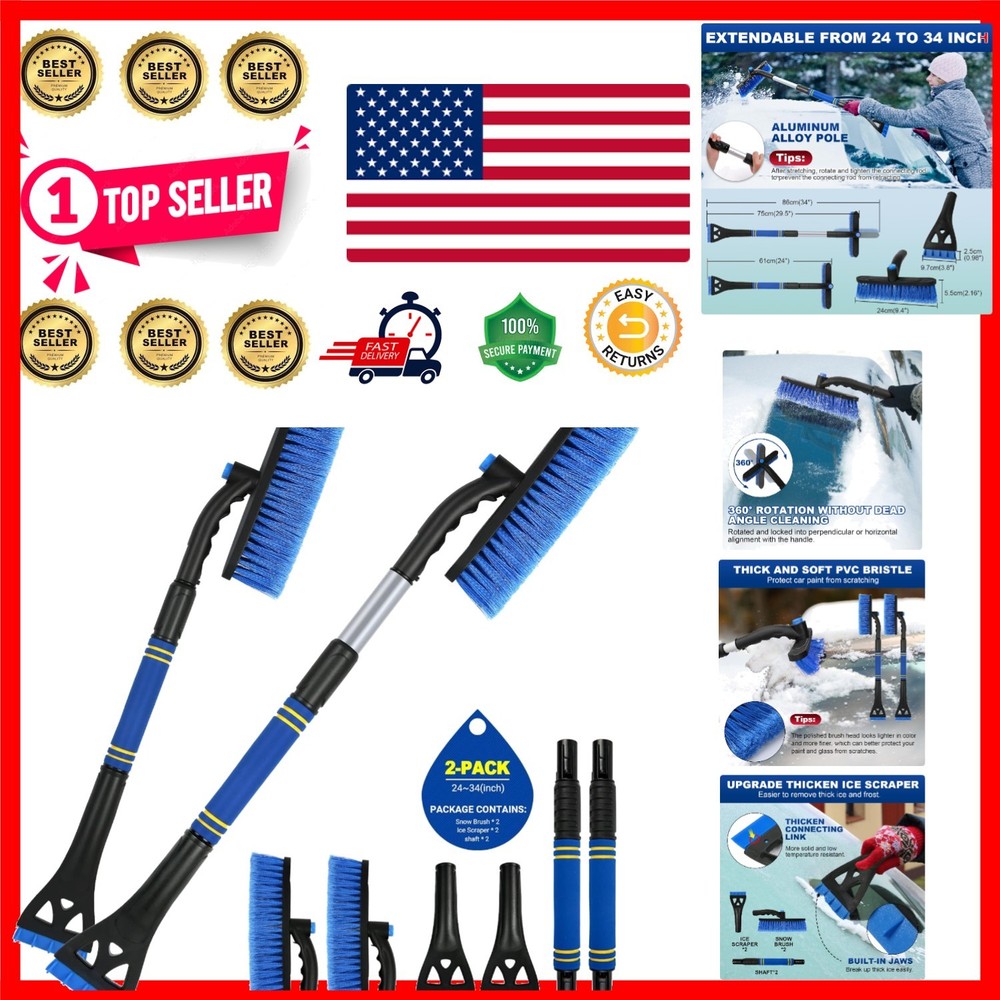 Extendable 2-in-1 Snow Brush & Ice Scraper - Protects Car Paint - 2-Pack