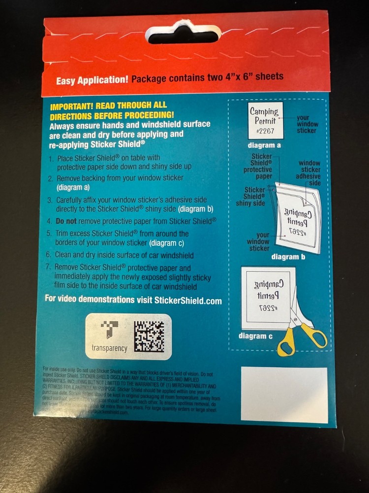 STICKER SHIELD EASY PEEL OFF & RE-USE WINDSHIELD STICKERS 2- 4X6" SHEETS
