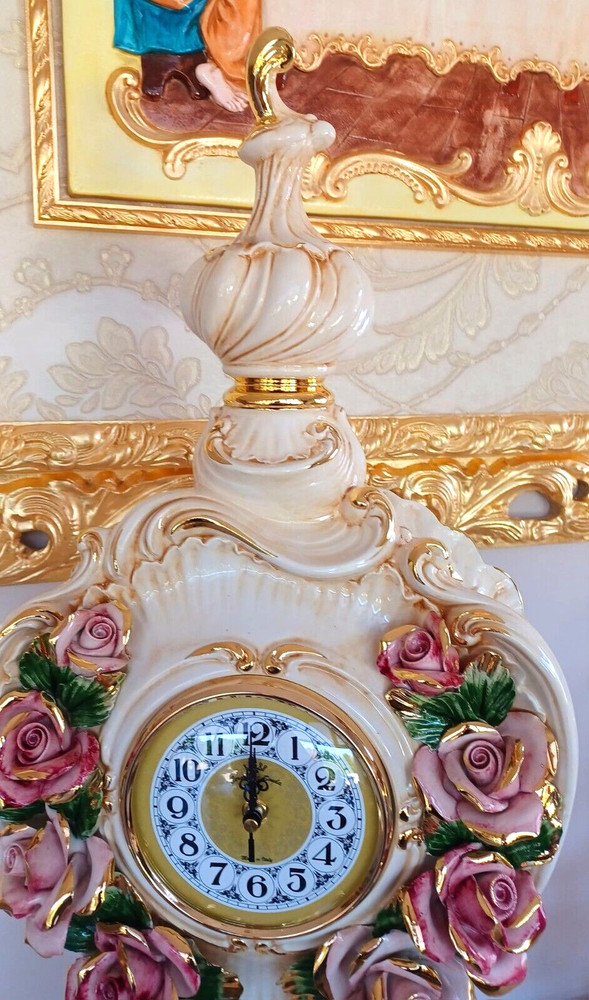 Capodimonte White Gold Rose Ceramic Table Clock Analog 84 Cm