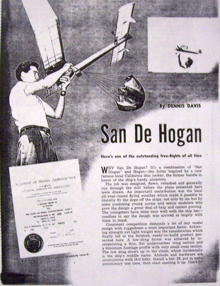 SAN DE HOGAN PLAN + CONSTRUCTION ARTICLE to Build Denny Davis FF Model Airplane