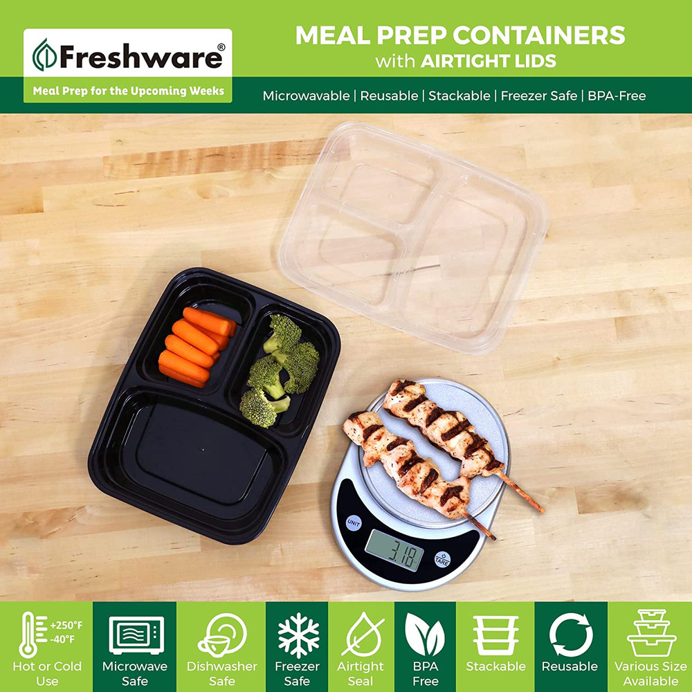 Meal Prep Containers [21 Pack] 3 Compartment with Lids, Storage Containers, Ben