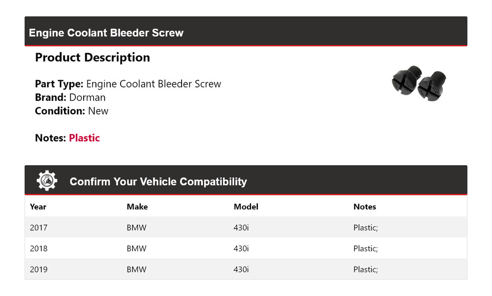 For 2017-2019 BMW 430i Dorman Engine Coolant Bleeder Screw 2018