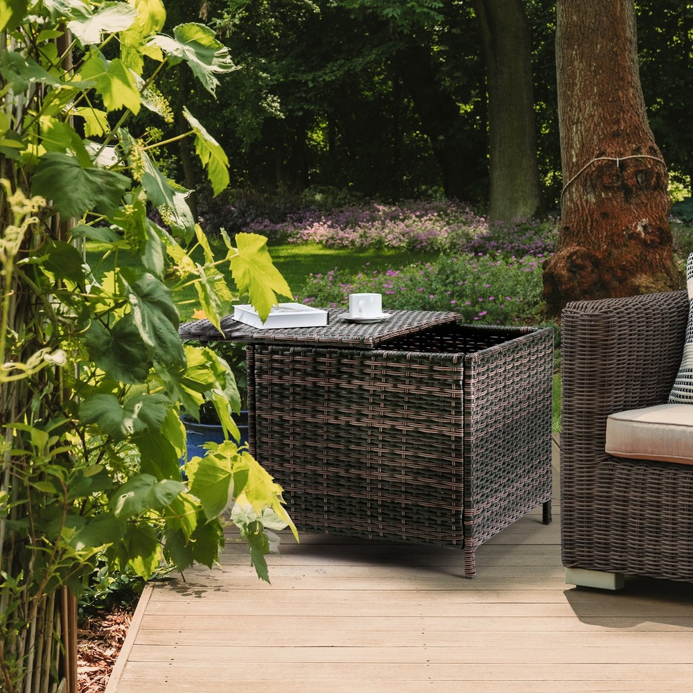 PE Wicker Side Table with Storage,Patio Rattan End Table Square Container