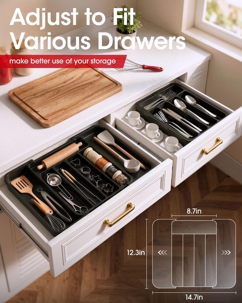 Aujen Silverware Organizer - Expandable Kitchen Drawer Medium, Black