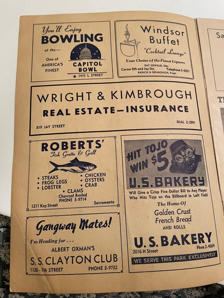1945 Pacific Coast League Solons Baseball Program Doubleday Park Sacramento Ca