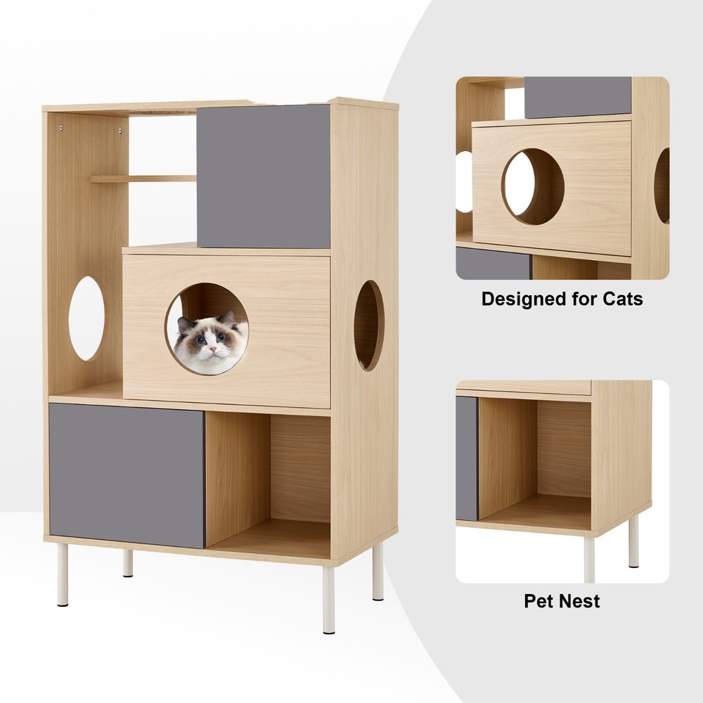 Modern Cat Tree & Side Cabinet with Litter Box & Hidden Storage