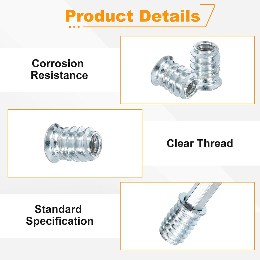 100 Pcs Threaded Insert for Wood, 1/4" - 20 Threaded Studs 15mm Length, Silver