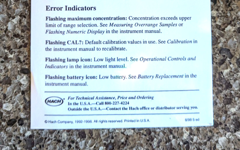 Hach Portable Turbidimeter Quick Reference Card & Error Code List, Item 46000-44