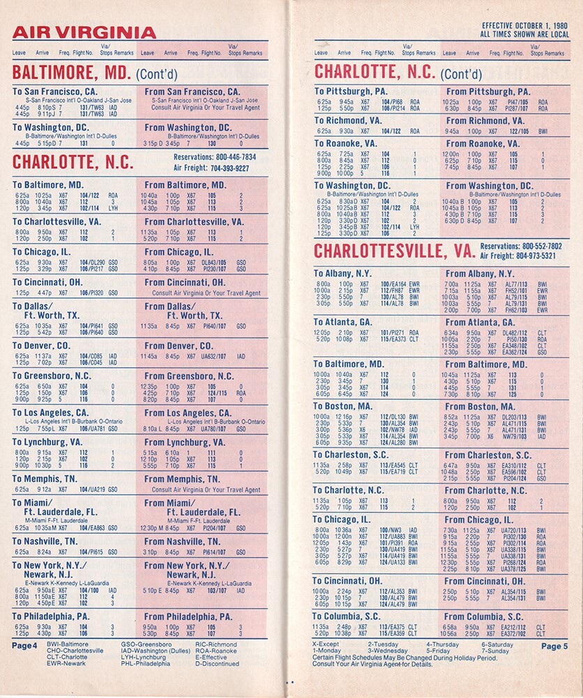 Air Virginia timetable 1980/10/01