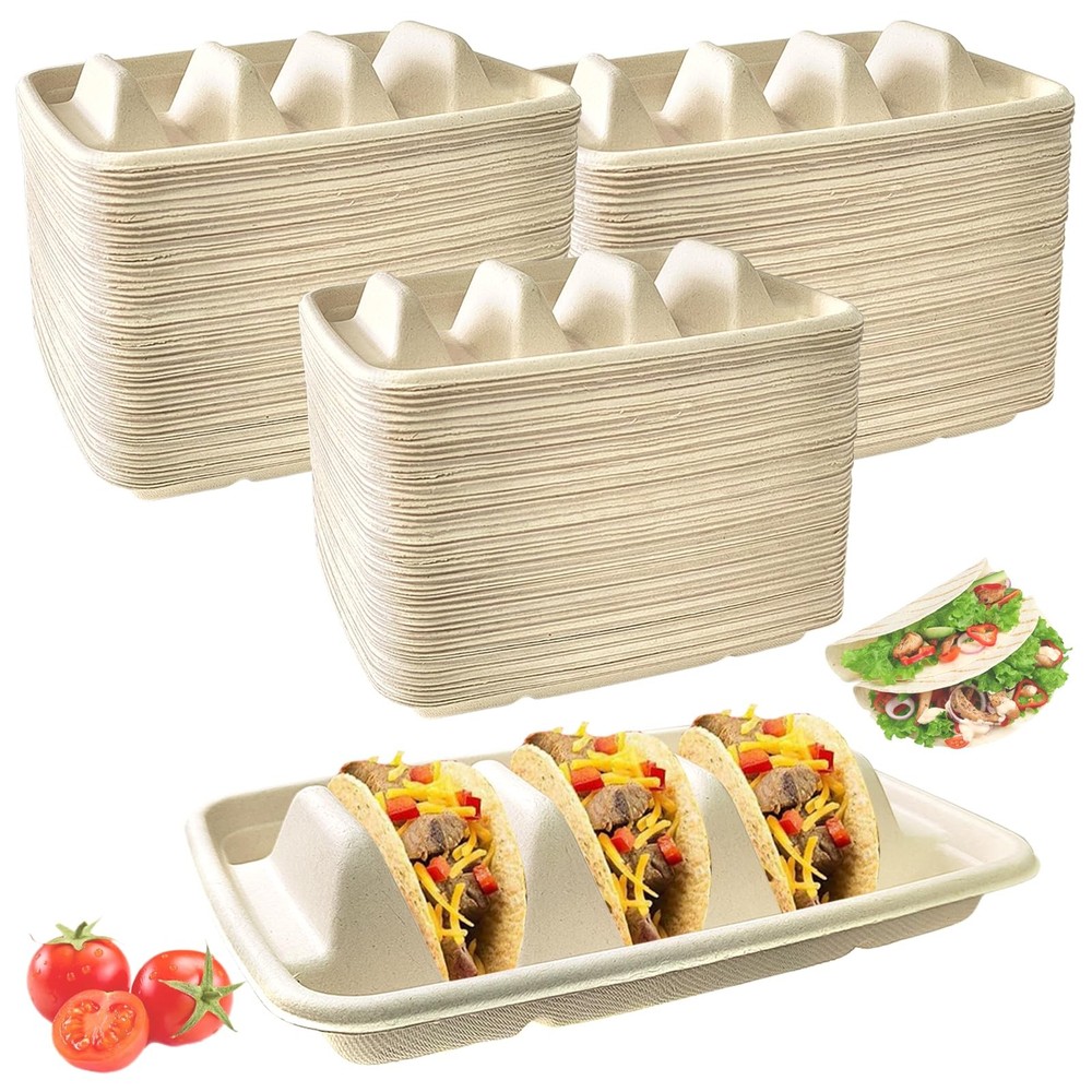150PC Disposable Taco Holder Plates, 3-Divider, Natural Fiber Pulp