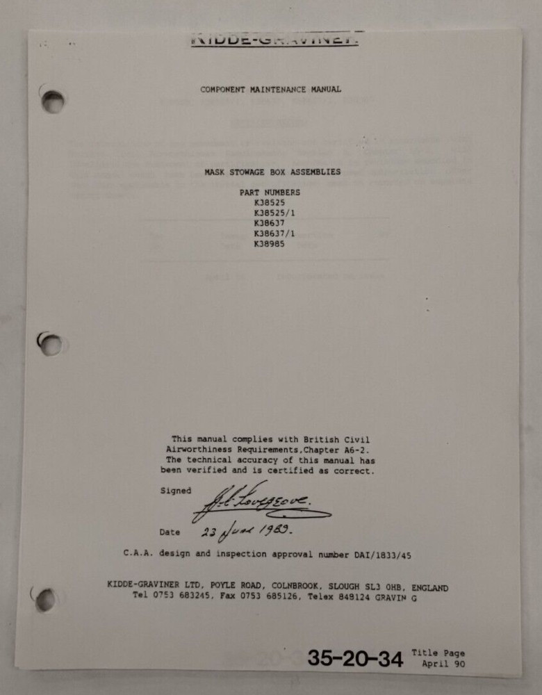 Kidde-Graviner Mask Stowage Box Assemblies Component Maintenance Manual-Original