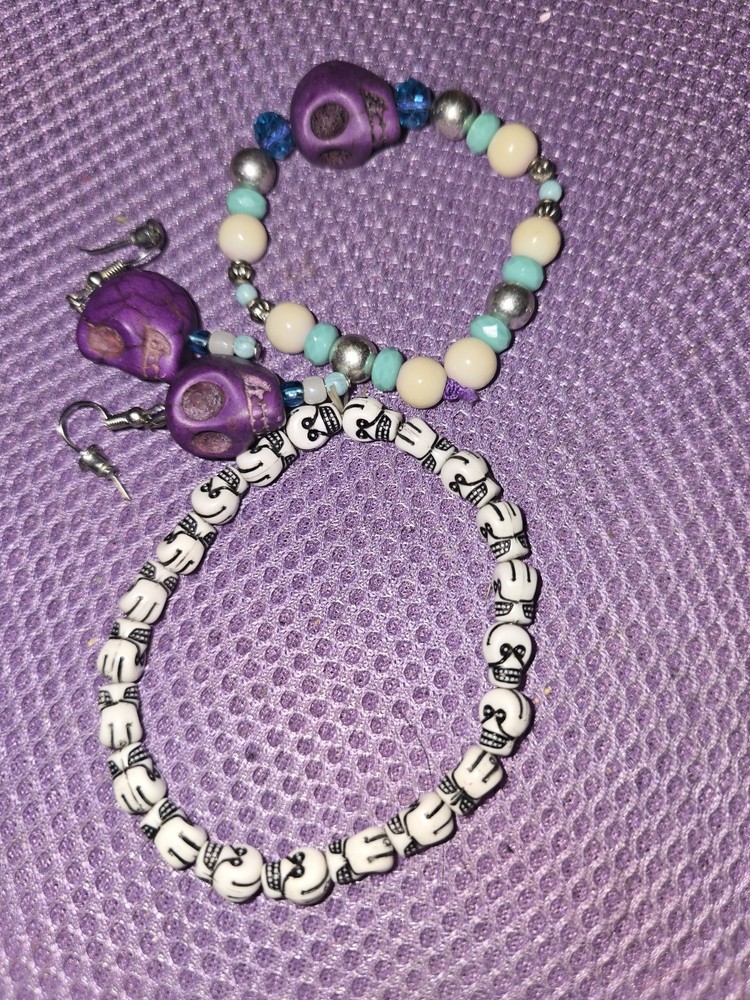 Skull Ear Ring & Bracket Set With Multiple Extra Multi Color Bracelts Set