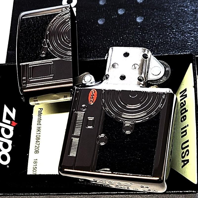 Zippo Camera Etching Engraving Black Nickel Leather Look Print Regular Lighter