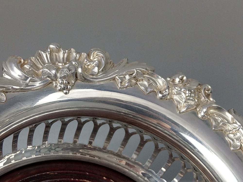 Antique Pierced Bottle Coaster Silver Plated Grape & Vine