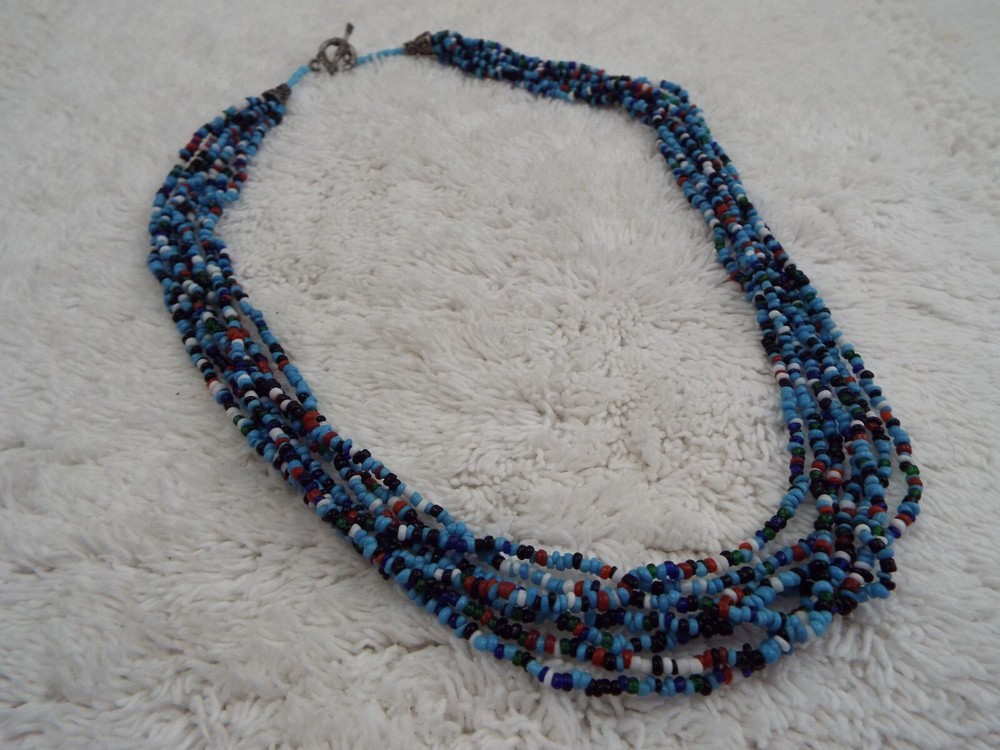 Red White Blue Micro Glass Bead Multi Strand Necklace (D76)