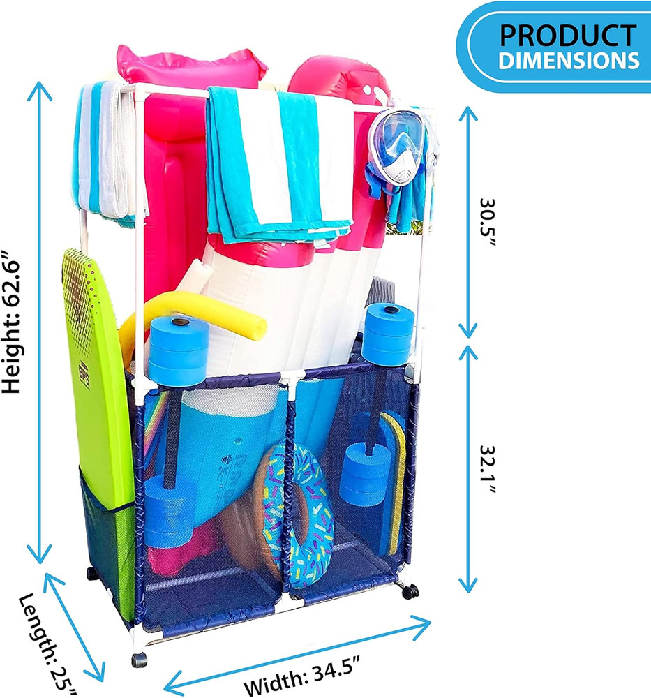 Pool Equipment Holder with Towel Drying Bars, Mesh Rolling Pool Storage Organize