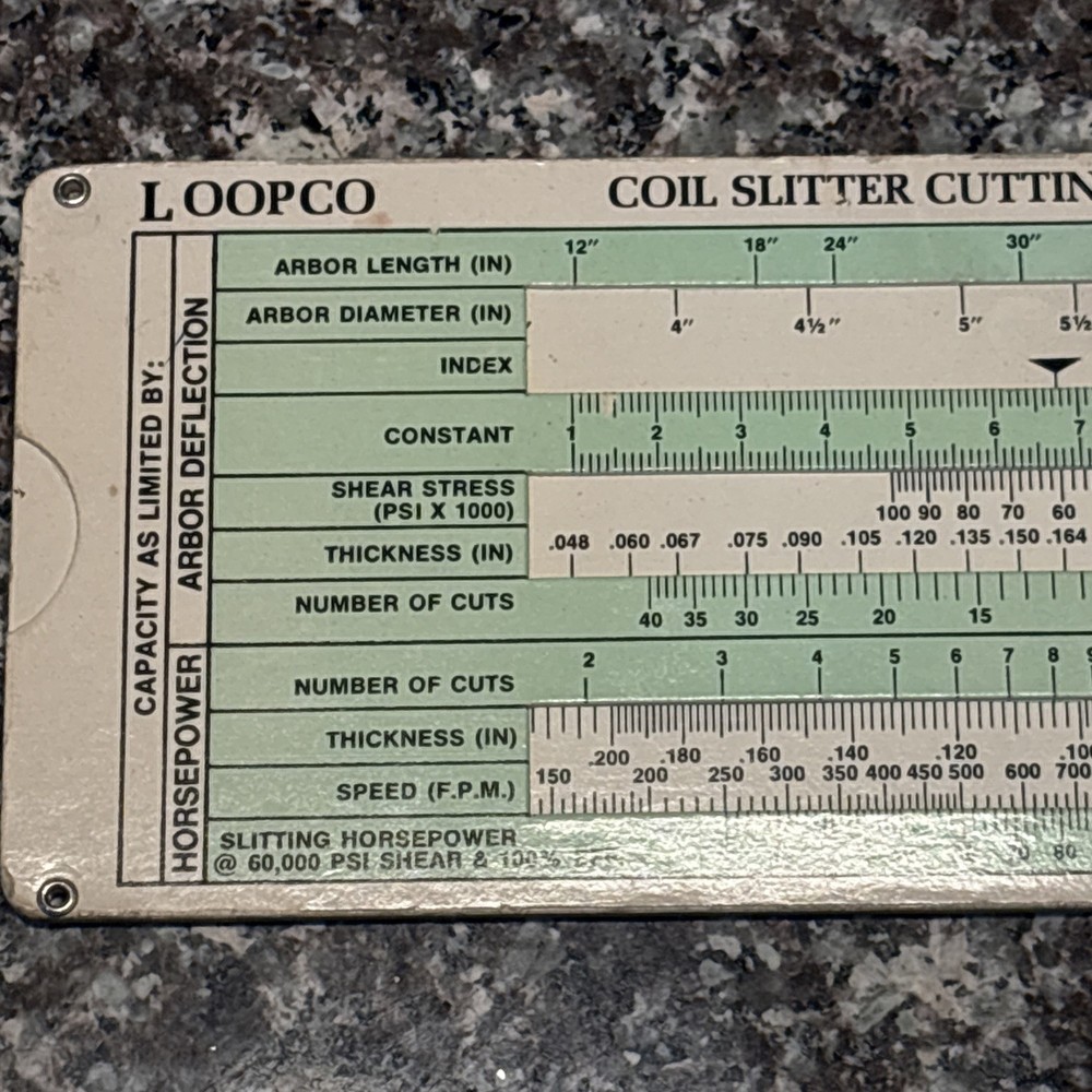 Coil Slitter Cutting Capacity Calculator 1975 Slide Rule Chart LoopCo