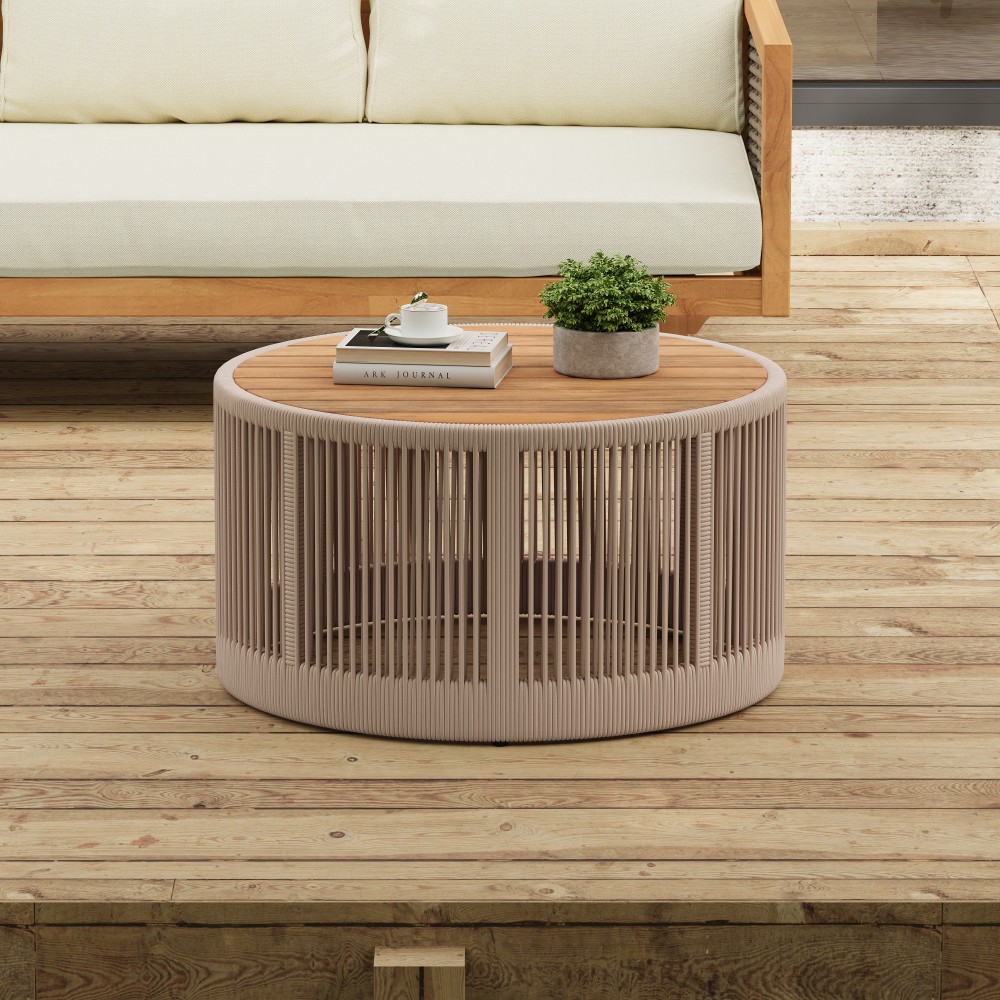 Industrial Coffee and Side Table Set with Rattan Weave, Rustic Decor