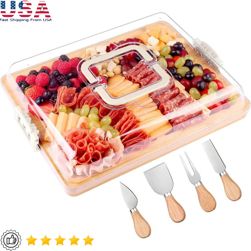 Portable Charcuterie Board W/ Lid & Handle 4 Cheese Tools Perfect Picnic Durable