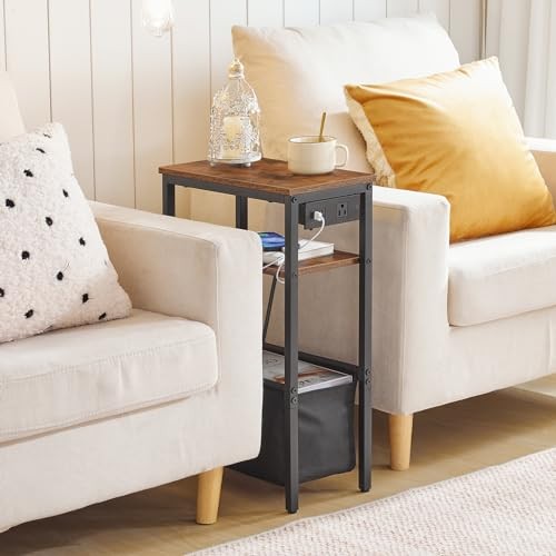Small Narrow Side Table, Skinny End Table with Charging Station, Extra Slim