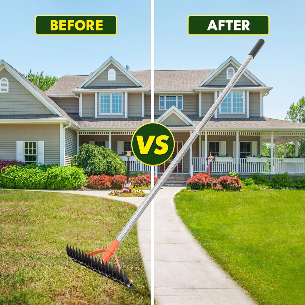 Thatch Rake for Lawns 18 Sharp Tempered Spring Steel Tines Dethatcher Rake Heavy