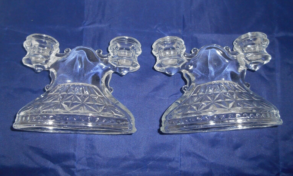 Vintage LE Smith Depression Mount Pleasant Shield Clear Glass Candleholders