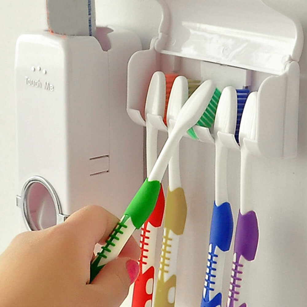 Automatic Toothpaste Dispenser + 5 Toothbrush Holder Set Wall Mount Stand 2 Sets