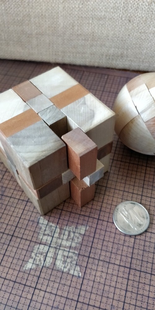3 Wooden Puzzle Brain Teasers - Cube, Sphere, Rounded cube
