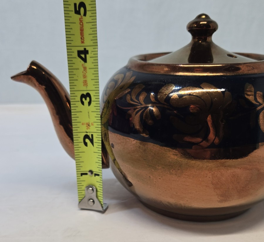 Copper Luster Teapot Blue Swirl Design Red Ware