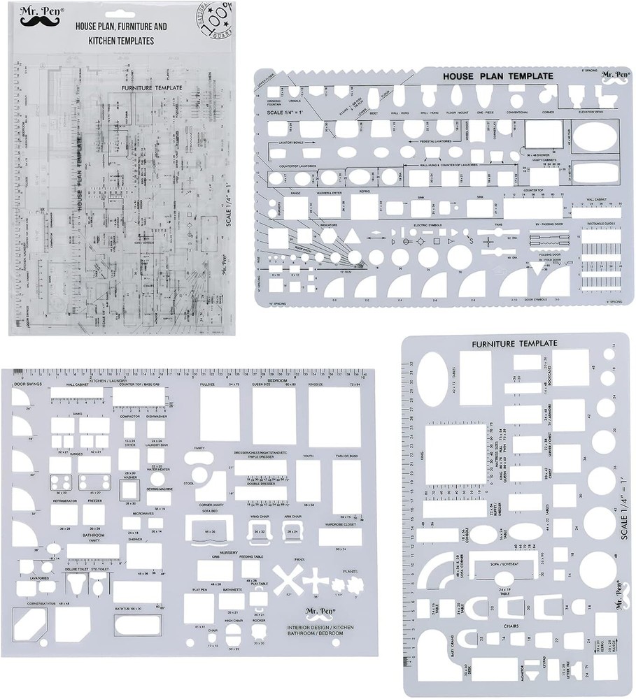 3-Pc Architect Drafting Templates Set: House, Furniture & Kitchen Design Tools