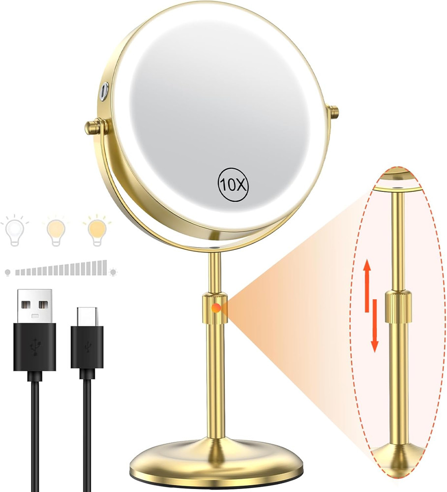 Lighted Makeup Mirror with 3 Color Lights & 10X Magnification, Adjustable Bright