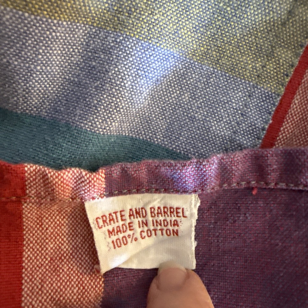 Crate & Barrel Bib Apron Striped Multi Colored Patchwork Pockets 34"l