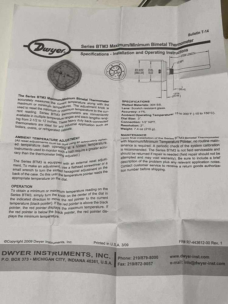 Dwyer BTM3256D : Maximum/Minimum Bimetal Thermometer