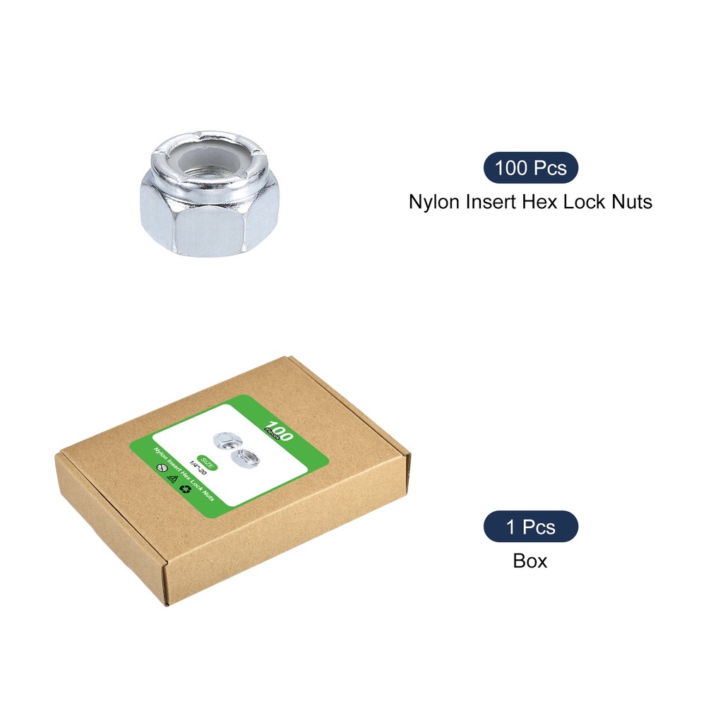 100Pcs 1/4"-20 Nylon Insert Hex Lock Nuts, Carbon Steel Nut, White