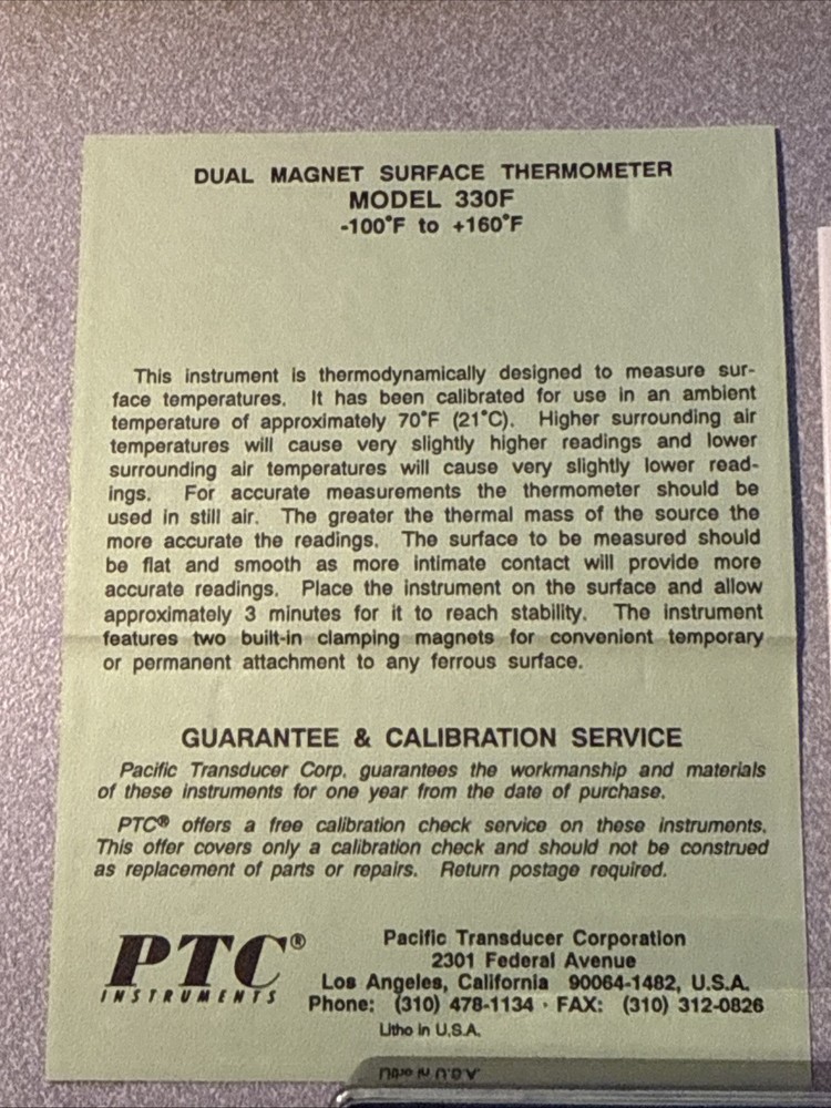 PTC INSTRUMENTS MODEL 330F SURFACE THERMOMETER NEW -100 to 160F