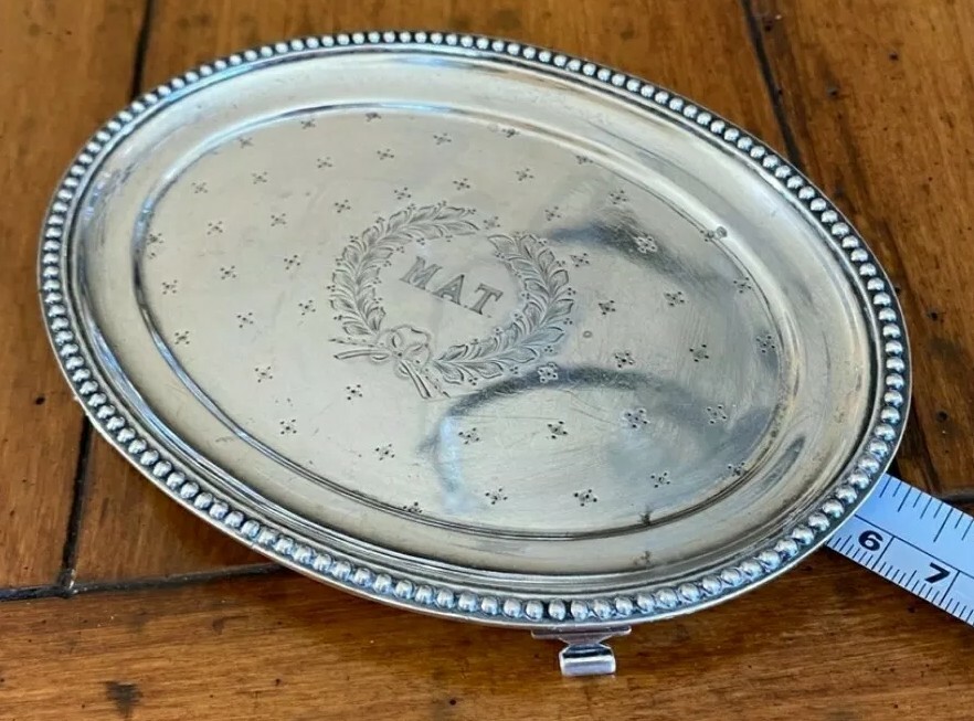 Antique Sterling Silver Footed Mini Tray w Beaded Edging & Engraved Monogram