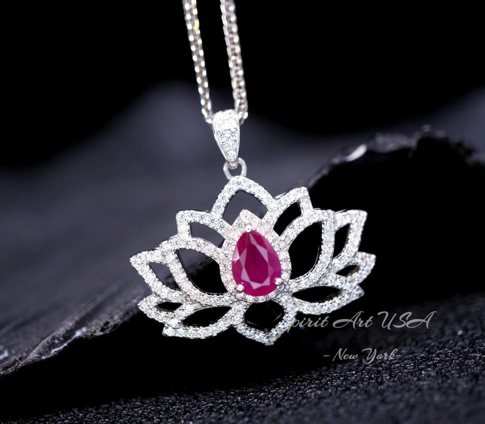 Ruby Necklace - Gemstone Lotus Flower Ruby Pendant - White gold @ Sterling