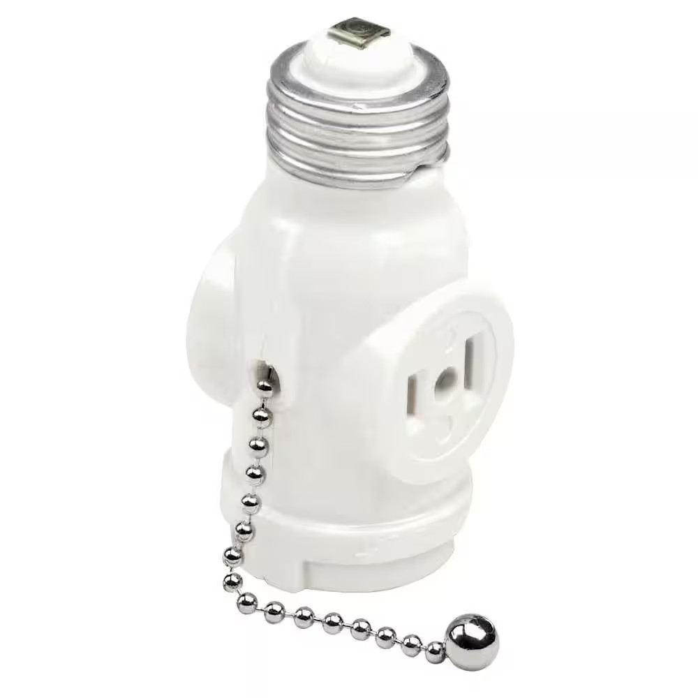 2-Outlet White Socket with Pull Chain – Durable Light Socket Adapter 1406-W